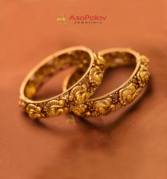 22K Nakshi Peacock Gold Kada with Ruby Polki Detailing